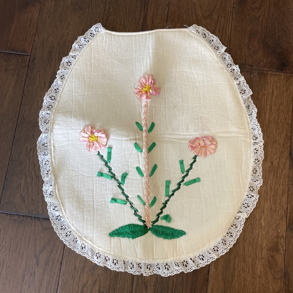 Retro Chenille Toilet Seat Cover White With Pink Flower MCM